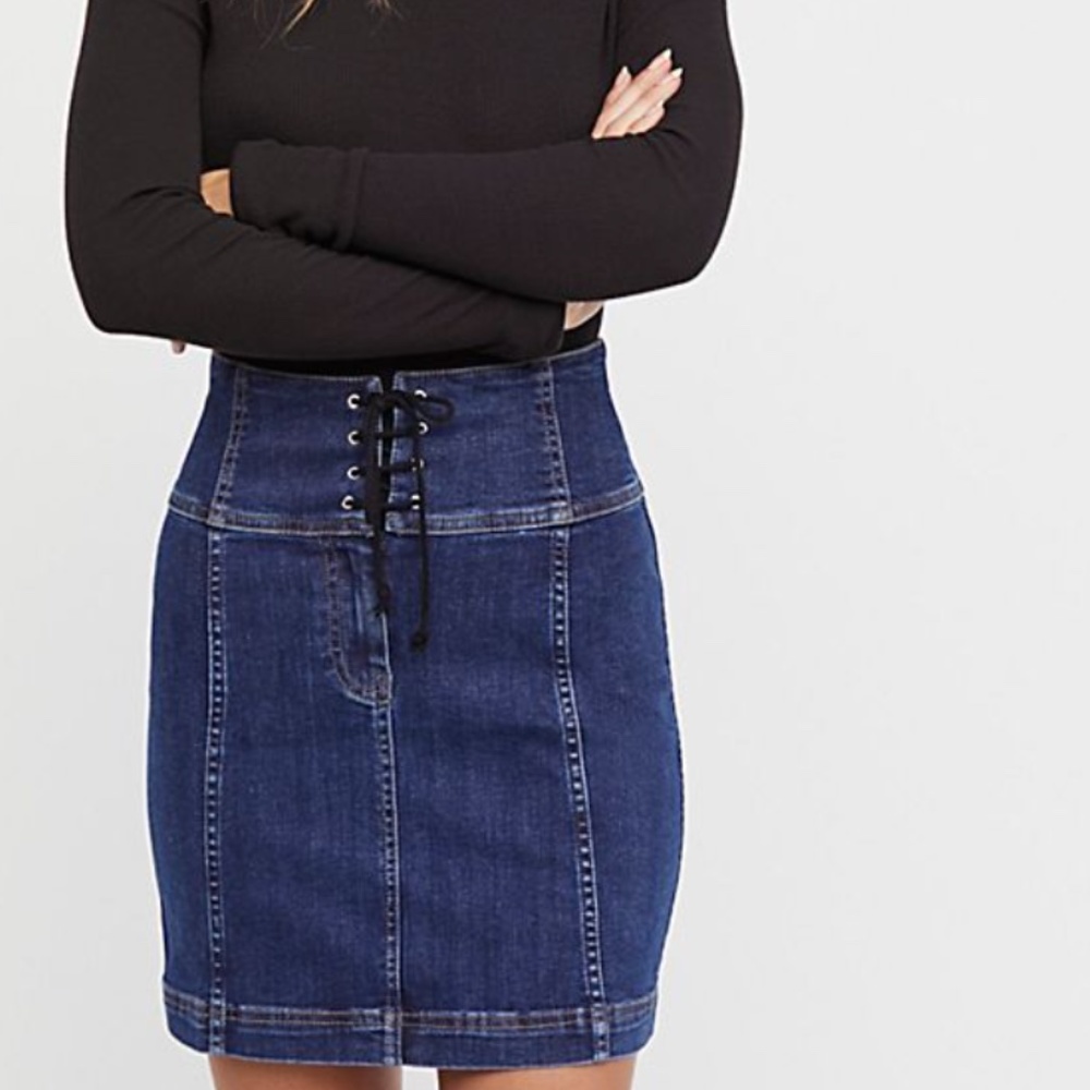 Free People Lace Up Denim Jean Skirt